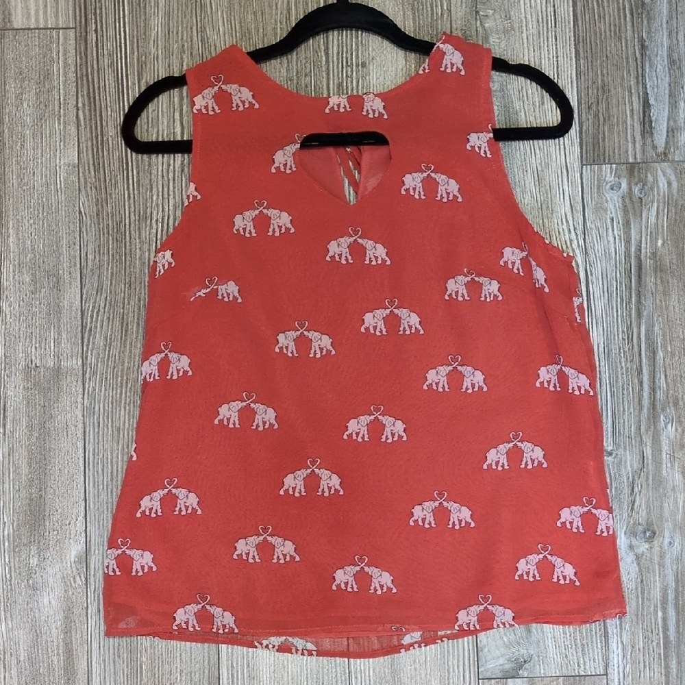 Elephant Print Orange Sleeveless Top with Heart Cut Out S